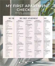 the first apartment checklist for my first apartment is shown in pink and white, with text