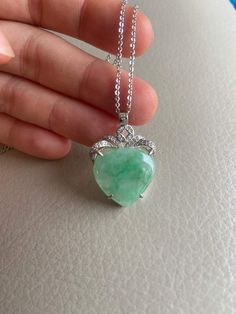 🌈 Heart Shape Jadeite Jade Pendant with 925 Silver Plate, Light Green 🌷 Untreated Natural Jadeite/ Grade A Jade 🌷 Certified : YES 🌷 Jade from Myanmar/ Burma 🌷 100% handmade carving 🌷 Dimensions : ~ 18.4 x 19.9 x 5.4mm 🌷 Color : Light 🌷 The chain in the photos is for reference only, will not be included in the shipment 🌷 Free standard shipping from Hong Kong with tracking included 🌷 Take approximately 7-21 days to arrive worldwide Luxury Jade Necklaces For Wedding, Jade Pendant Necklace For Anniversary, Anniversary Jade Pendant Necklace, Jade Jewelry With Natural Stones For Anniversary, Green Jade Necklaces For Weddings, Luxury Jade Necklace For Anniversary, Elegant Heart-shaped Jade Jewelry, Green Round Necklace With Gemstone Accents, Oval Jade Necklaces For Wedding