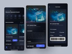 three smartphone screens displaying the concert ticket application