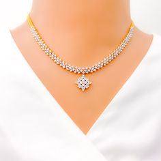 This exquisite 18k gold set, weighing a total of 26.0 grams, features a timeless design adorned with dazzling diamonds. The yellow gold finish enhances its luxurious appeal, making it perfect for any special occasion. The set includes a necklace with a total diamond weight of 8.20 carats, featuring F-G color and VS quality diamonds in round brilliant cut shapes. The necklace has a length of 15.75 inches with a 0.7-inch drop length, adjustable 1-inch links, and a secure lobster lock. The matching Brilliant Cut Diamond Jewelry Sets, Elegant Yellow Gold Necklaces For Celebrations, Elegant Yellow Gold Necklace For Celebration, Gold Bridal Necklace With Diamond Cut Cubic Zirconia, Gold Diamond Cut Cubic Zirconia Bridal Necklace, Yellow Gold Diamond Necklace For Wedding, Luxury Yellow Gold Solitaire Necklace For Wedding, Classic Formal Diamond Necklace, Gold Cubic Zirconia Bridal Necklace With Diamond Cut