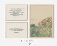 three framed art pieces with the words earthy floral designs on them and an image of flowers