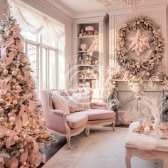 a living room decorated for christmas with pink furniture