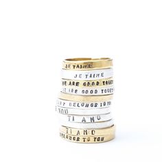 Barely there - minimalist ring that captures big emotions Create your stack with the messages that say what you mean - or wear alone Band measures 2mm (roughly 1/8”) Available in sterling silver and 14kt gold vermeil and part of our Recycled Metals Collection "We are good together" "My heart belongs to you" "Je T'Aime" (French for "I love you") "Ti Amo" (Italian for "I love you") "I love you" Promise Rings With Hand Stamped Meaningful Style, Hand Stamped Promise Rings With Meaningful Style, Adjustable Inspirational Rings For Everyday, Meaningful Hand Stamped Stackable Rings For Anniversary, Minimalist Hand Stamped Yellow Gold Ring, Meaningful Hand Stamped Stackable Promise Rings, Minimalist Engraved Midi Rings For Everyday, Minimalist Hand Stamped Stackable Rings As Gift, Minimalist Hand Stamped Stackable Rings For Gift