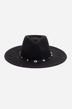 Crafted from 100% wool, the Beaded Hat is available in rich black. Featuring a mid-height crown and a wide, flat brim, this stunning hat is finished with a simple band accented with decorative beaded details. Pair with a fit-and-flare maxi dress and western style boots for a hint of bohemian style. Johnny Was Women's Beaded Hat in Black Elegant Black Hat With Flat Crown, Elegant Black Fedora With Flat Crown, Wool Flat Brim Party Hat, Adjustable Flat Brim Fedora For Evening, Evening Fedora With Flat Brim, Wool Party Hat With Flat Brim, Party Wool Hat With Flat Brim, Evening Hats With Flat Brim For Fall, Flat Brim Evening Hats For Fall