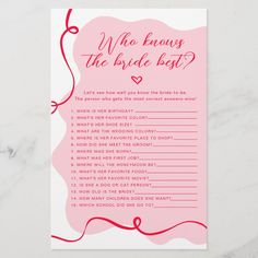 a pink and white wedding game with the words who knows the bride best?