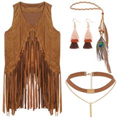 PRICES MAY VARY. 60s/70s Hippie Costume Set: Package contains 1 piece sleeveless tassel vest, 1 pair of tassels earrings, 1 piece faux peacock feather headband and 1 piece choker necklace, stylish hippie accessories will make you stand out of the party. Size: Tassel vest: there's various sizes, you can choose a proper size; Necklace circumference: 40cm/15.75inch, plus a extension chain; Earring length: 7.5cm/2.95inch; Peacock feather headband: adjustable, you can adjust it according to your own Tassel Vest, 70s Theme, Hippie Accessories, Tassels Earrings, 80s Costume, Open Front Vest, Sweater Jeans, Chain Earring, Cowgirl Costume