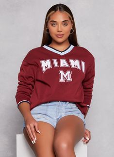 Long Sleeves, V-Neck, Sweatshirt, Varsity Stripe Detail, Graphic Print, Fleece, Ribbed Knit, Item Number 3402075179659 Pyjama Trend, City Graphic, V Neck Pullover, Romper And Jacket, Graphic Tops, Swimsuit Cover Ups, Leather Shorts, Matching Dresses, Faux Leather Jackets