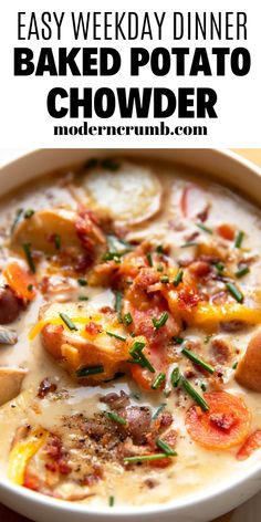 a bowl of baked potato chowder with text overlay