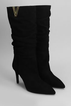 High heels boots in black suede, pointed toe, slip on, draped, leather sole, heel 90 mm, 100% suede, Made in Italy Suede High Ankle Heeled Boots For Evening, Suede Pointed Toe Heeled Boots For Evening, High Ankle Suede Heeled Boots For Evening, Evening High Ankle Suede Heeled Boots, Suede High Ankle Evening Boots, Chic Suede Mid-calf Boots With Pointed Toe, Evening High Ankle Suede Boots, Formal Suede Boots With Wrapped Heel, Chic High Heel Suede Mid-calf Boots