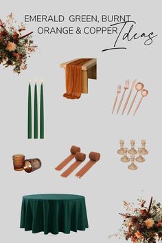 emerald green burnt orange and copper table linens