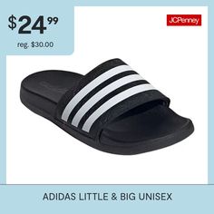 Whether for shower or the beach, these Adidas slides keep kids on the go with a quick-drying design. The bandage upper ensures a cozy fit, and the lightweight style is easy to pack up and take along. Every step stays comfortable thanks to a soft, contoured footbed.Closure Type: Slip-OnUpper/Outer Base Material: 100% SyntheticShoe Lining Material: SyntheticSole Material Content: 100% SyntheticToe Type: Open ToeHeel Style: Flat HeelCountry of Origin: Imported Adidas Slides For Swimming In Summer, Adidas Slides For Summer Swimming, Adidas Non-slip Summer Slides, Adidas Slides For Swimming, Adidas Non-slip Beach Slides, Adidas Non-slip Sport Sandals For Beach, Adidas Beach Sport Sandals For Summer, Adidas Sport Sandals For Summer Beach, Adidas Sport Sandals For Beach In Summer