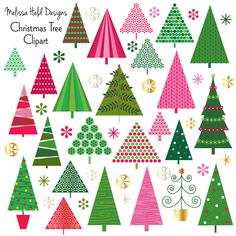 christmas tree clipart is shown in various colors and sizes, including red, green, pink