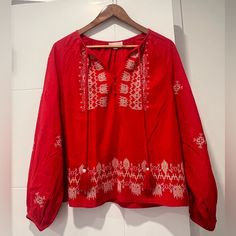 Size Medium Brand New No Tags Red Bohemian Embroidered V-neck Top, Red V-neck Blouse With Floral Embroidery, Red V-neck Top For Holiday, Long Sleeve Embroidered Tops For Holiday, Red Embroidered Long Sleeve Top For Fall, Red Embroidered V-neck Blouse, Holiday Embroidered Tops For Fall, Red Long-sleeve Peasant Top For Spring, Red Embroidered Holiday Tops