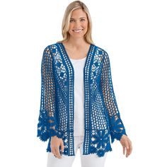 This Open-Front, Crochet Jacket Features An Intricate Crochet And Floral Lace Pattern With A Scalloped Floral Crochet Hem And Long Sleeves. Approx. 28"L. Machine Wash. Cotton; Imported. Choose: White Or Black. Available In: M/L(10-16) Or Xl/Xxl(18-24). Crochet Outerwear For Beach In Spring, Spring Casual Outerwear With Crochet Trim, Spring Beach Outerwear With Crochet Details, Crochet Outerwear For The Beach, Long Sleeve Outerwear With Crochet Trim For Fall, Long Sleeve Crochet Lace Outerwear For Fall, Blue Open Knit Winter Outerwear, Blue Open Knit Outerwear For Fall, Spring Blue Open Knit Outerwear