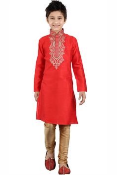 Buy Boy's Art Silk Embroidered Kurta Churidar in Red Online - Front Light Embroidery, Kids Kurta Pajama, Dori Work, Kids Kurta, Kids Ethnic Wear, Silk Clutch, Boys Kurta, Kurta Pyjama, Silk Bottoms