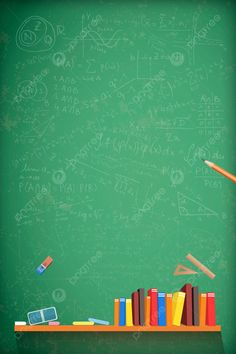 an image of a man in front of a chalkboard with books and pencils