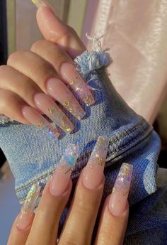 Short Encapsulated Nails, Glitter Birthday Nails, Transparent Acrylic Nails, Nails With Foil Flakes, Nails With Foil, Anniversary Nails, Nails 23, Nagellack Trends, Drip Nails