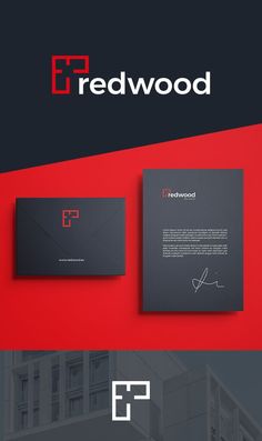 the logo for redwood is shown on top of a black and red business card