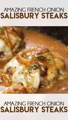 the cover of an amazing french onion salisbury steaks recipe