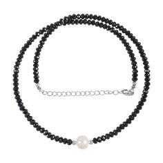 PRICES MAY VARY. Product Specifications : Necklace Length: 45 CM With 925 Sterling Silver Chain & Lock / Metal : 925 Sterling Silver / Gemstone : Pearl & Black Spinel / Stone Shape : Peral-Smooth Round & Spinel-Round Faceted/ Gemstone Size : Pearl-10MM & Spinel-4MM Approx / Necklace Carats Weight : 30 cts / Free Customization Available / IF YOU have any question, please post into "Customer Questions & Answers" below the "Product specifications", we will update you there. BEAUTY FOR YOUR DECORATI Black Necklace With Spacer Beads For Party, Silver Pearl Necklace With Black Round Beads, Black Single Strand Necklace For Gift, Black Rondelle Gemstone Bead Necklace, Elegant Black Rondelle Beaded Necklaces, Black Single Strand Pearl Necklace As Gift, Black Rondelle Spacer Beads Jewelry, Black Beaded Rondelle Necklace, Black Pearl Necklace With Round Beads As Gift