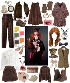 A collage of clothing to create a DIY Mad Hatter halloween costume. Scary Mad Hatter Costume, Mat Hatter Costume, Alice Mad Hatter Costume, Christmas Party Costumes Ideas, Mad Hatter Ideas Costumes, Mad Hatter Outfit Ideas Female, Mad Hatter Inspired Outfit Aesthetic