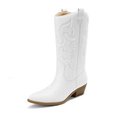 White Boots For Western-themed Fall Events, White Mid-calf Boots For Ranch In Fall, Western Style Wide Calf Knee-high Boots For Spring, Western Knee-high Boots For Spring, Western Heeled Boots For Winter Western-themed Events, Western Style Heeled Boots For Winter Events, Spring Season Rodeo Knee-high Boots With Snip Toe, Western-style Heeled Boots For Winter, Spring Rodeo Knee-high Boots With Snip Toe