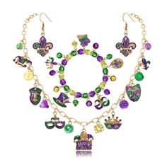 PRICES MAY VARY. MARDI GRAS JEWELRY ACCESSORY --Traditional Mardi Gras Beads necklace are essential for any New Orleans style Mardi Gras Party and Parade.Roll down Royal Street with this awesome Mardi Gras charm necklaces earrings bracelet . These glittery MARDI GRAS fleur-de-lis pendant on the gold chain necklace completes the aristocratic look! Add shine to the rest of your Mardi Gras themed accessories and apparel with this fleur de lis drop earring necklace and purple green gold beaded stret Multicolor Charm Jewelry For Birthday, Multicolor Charms Jewelry For Birthday, Multicolor Birthday Jewelry With Charms, Multicolor Round Beads Christmas Jewelry, Adjustable Multicolor Christmas Jewelry, Party Jewelry With Adjustable Chain And Round Beads, Gold Party Jewelry With Dangling Charms, Birthday Jewelry Bracelet With Lobster Clasp, Birthday Jewelry With Dangling Charms