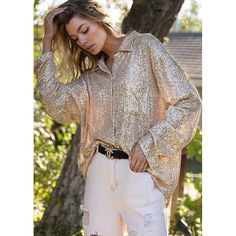 Style Your Sparkle Sequin Button Shirt-Women's Clothing-Z & Joxa Co. Sequin Shirt, Sequin Top, Button Shirt, Edgy Fashion, Sequin Dress, Chest Pocket, Long Sleeve Shirt, Sleeve Shirt, Bell Sleeve Top