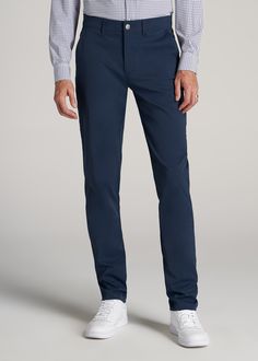 American-Tall-Men-Traveler-Chino-Pants-Marine-Navy-front Tapered Chinos For Business Casual, Classic Tapered Ankle-length Chinos, Slim Fit Chinos For Business Casual, Classic Chino Cotton Twill Ankle-length Pants, Chino Cotton Twill Pants With Welt Pockets, Chino Cotton Twill Trousers With Welt Pockets, Tapered Leg Chino Cotton Twill Pants With Welt Pockets, Classic Ankle-length Chino Cotton Twill Pants, Tapered Leg Chino Pants With Welt Pockets