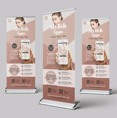 three roll up banners with the words, stylish apps and an image of a woman's face