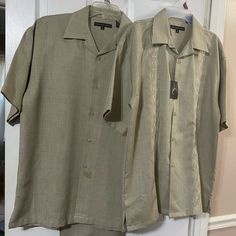 Jordan Craig Collection Mens 3 Piece Business Casual Pants Set With 2 Short Siege Button Down Shirts( 1 Plain, 1 Embroidery Design) And 1 Pair Pants With Cuffs With A Tweed Look Pattern; 100% Polyester; Color: Khaki/Tan; Size: Medium Shirts, Pants Are 32 Waist, 32 Inseam. Perfect For Any Occasion. All 3 Are New However One Top Has Two Stains From Hanging Up. Classic Relaxed Fit Short Sleeve Sets, Business Casual Pants, Jordan Craig, White Short Sleeve Shirt, Button Up Shirt Mens, Mens Button Up, M Pants, Jordans For Men, Casual Sets