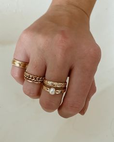 Your gold ring aesthetic inspiration. Shop handcrafted rings designed with the intention to stack. Create a ring set that's totally unique to you. #goldrings #handmaderings #pearlring #vintagerings #ringaesthetic Vintage Ring Stacking, Gold Layered Rings, Gold Ring Sets Aesthetic, Stack Gold Rings, Gold Rings Stacks, Gold Ring Styling, Non Tarnish Gold Rings, Vintage Gold Rings Women, Layered Gold Rings