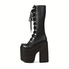 Elevate your style with our Black Gothic Punk Lace Up Mid Calf Chunky Platform Boots. Crafted from luxurious vegan leather, these boots feature chunky platform soles and block heels, providing both comfort and added height. The adjustable lace-up front and mid-calf length create a unique, edgy look, perfect for gothic, punk, rock, or alternative fashion enthusiasts. Step up your wardrobe with this bold statement piece. Luxurious vegan leather construction Chunky platform soles and block heels fo Chunky Platform Boots, Heel Boots For Women, Platform Boots Chunky, Block Heel Boots, Gothic Punk, Comfortable Boots, Casual Heels, Chunky Platform, Sky High