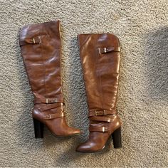 Cognac Leather Aldo Tall Boots. Size 10 Brown Knee-high Heeled Boots With Buckle Closure, Brown Wide Calf Heeled Boots With Buckle, Brown Wide Calf Heeled Boots With Buckle Closure, Brown Heeled Boots With Buckle For Work, Brown Heeled Boots With Buckle Closure For Work, Brown Heeled Boots With Buckle Closure, Brown Heeled Boots With Buckle For Fall, Chic Brown Heeled Boots With Buckle Closure, Brown Heels With Buckle Closure For Fall