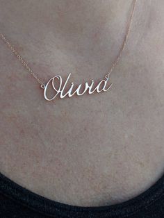 "This necklace is fully customizable from the font to length. Pick you favorite font online (open license like google font - https://fonts.google.com/) and we will create your name necklace in your desired length. Perfect new mother, baby shower, birthday, wedding, anniversary or Christmas gift. Available in 14k and 18k yellow, rose, white gold and platinum--just choose your desired metal and length from the drop-down menu before adding the item to your cart. Details: - Pick you open license fon Rose Gold Nameplate Necklace For Anniversary, Custom Rose Gold Nameplate Necklace For Anniversary, Customizable 14k Rose Gold Jewelry, Formal Custom Name Necklace In Rose Gold, Elegant Customizable Sterling Silver Necklace, Custom Rose Gold Name Necklace For Anniversary, Custom Rose Gold Necklace With Name For Anniversary, Rose Gold Custom Necklace For Personalized Gift, Elegant Customized White Gold Necklace