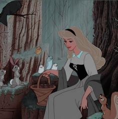 an animated image of a woman sitting in the woods surrounded by rabbits and other animals