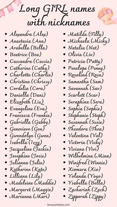 Discover 50 beautiful long names for your baby girl, each with a charming nickname! From Alexandra (Alex) to Zipporah (Zippy), find the perfect combination of elegance and cuteness. Ideal for parents seeking versatile names with built-in nicknames. Save for your baby naming journey! Girl Names With Nicknames List, With Last Names, Unique Pretty Names, Names With Unique Meanings, Cottagecore Last Names, Ideas Name For Girl, Cute Baby Girl Names List, Native American Last Names, Character Name Ideas Girl