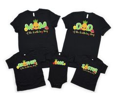 three matching shirts with the words mom and baby on them