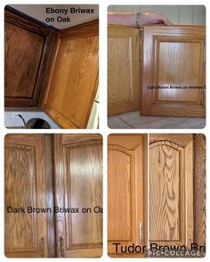 four pictures showing different types of cabinets in various stages of being painted and stained, including dark brown or oak