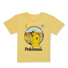 a yellow t - shirt with the words pokemon on it and a cartoon pikachu