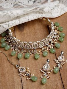 Gold-Plated Lime Green Stone & White Kundan Studded Choker Jewellery Set, Indian Jewellery Wedding Bridal, Necklace Earrings Maangtikka Set VitansEthnics Studded Choker, Kundan Choker Set, Choker Jewellery, Festival Necklace, Gold Jewelry Simple Necklace, Kundan Choker, Indian Jewelry Sets, Gold Jewelry Simple, Choker Necklace Set