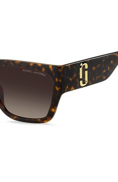 A striking square silhouette and substantial temples define logo-branded sunglasses made with full-coverage UV protection. 57mm lens width; 16mm bridge width; 145mm temple length 100% UV protection Plastic Imported Havana Brown, Uv Protection, Square Sunglasses, Marc Jacobs, Nordstrom, Square, Sunglasses