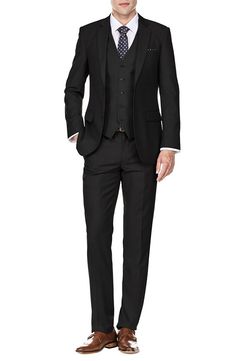 Bring understated elegance to the table in this three-piece suit crafted from rich fabric in a classic single-breasted silhouette. Jacket has notched lapels; chest welt pocket; front flap pockets Vest has front button closure; V-neck Pants have zip fly with button closure; front slant pockets; back button-welt pockets Jacket and vest are lined; trousers are lined to the knee 65% polyester, 35% viscose Dry clean Imported Each suit has a 6” drop, meaning that a size 38R jacket is paired with size Office Outfit Men, Pocket Vest, Silver Jewelry Box, Black Office, Rich Fabric, Three Piece Suit, Pocket Jacket, 3 Piece Suits, Understated Elegance