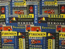 firemen and trucks are on the back of this blue, yellow, and red fabric