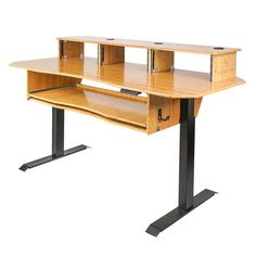 a wooden desk with metal legs and two shelves on each side, in front of a white background