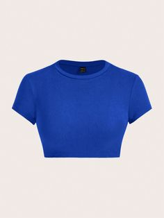 Women's Casual Simple Crew Neck Short Sleeve Cropped Tight Fit T-Shirt Pullover, Suitable For Summer Royal Blue Casual  Short Sleeve Knitted Fabric Plain  Slight Stretch  Women Clothing, size features are:Bust: ,Length: ,Sleeve Length: Very Short Crop Tops, Tops Azul, Tops From Shein, Royal Blue Crop Top, Dream Tops, Ballet Shirts, Royal Blue Shirts, Top Azul, Dark Blue Shirt