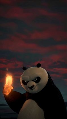 a cartoon panda holding a lit candle in his hand