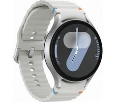 an image of a smart watch that is white and has blue numbers on the face