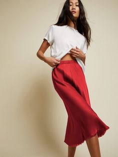 This luxe skirt with an elastic rib waistband and raw hem detail is cut on the bias, which means a perfectly slim fit that hugs all the right places. (This one comes in Crimson.) | Women's Mabel Skirt in Crimson | Ethical Essentials Alpaca Scarf, Bias Cut Skirt, All The Right Places, Midi Length Skirts, Sweater Sale, Skirts For Sale, Midi Length, Dresses For Sale, Sweater Top