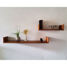 two wooden shelves with books and vases on them, one shelf has a plant in it